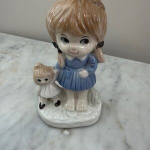 Vintage ceramic big eye girl with doll figurine - kitsch decor